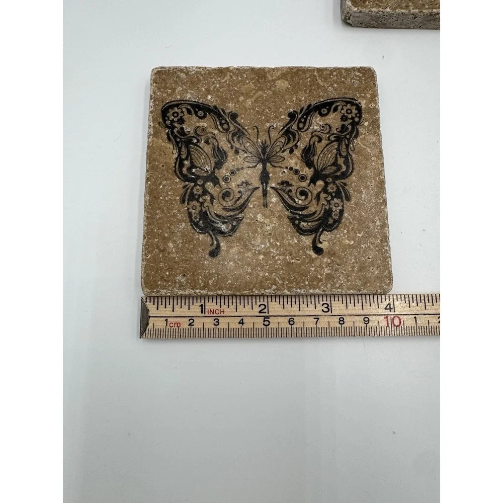 Set Of 3 Stone Coasters With Butterflies
